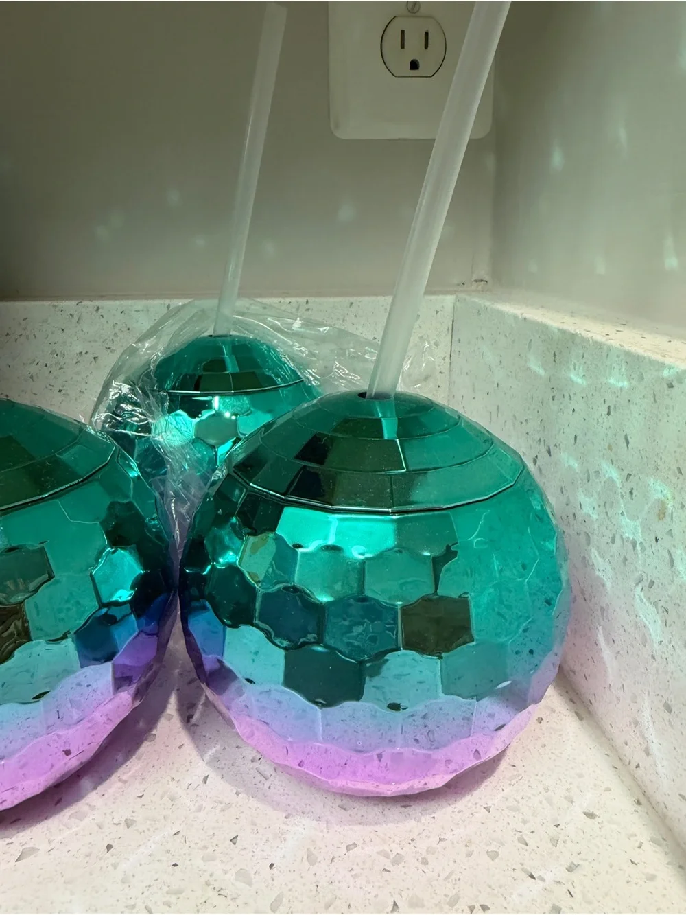 Teal to Purple Iridescent Disco Ball Tumbler with Straw - Home Party Supplies